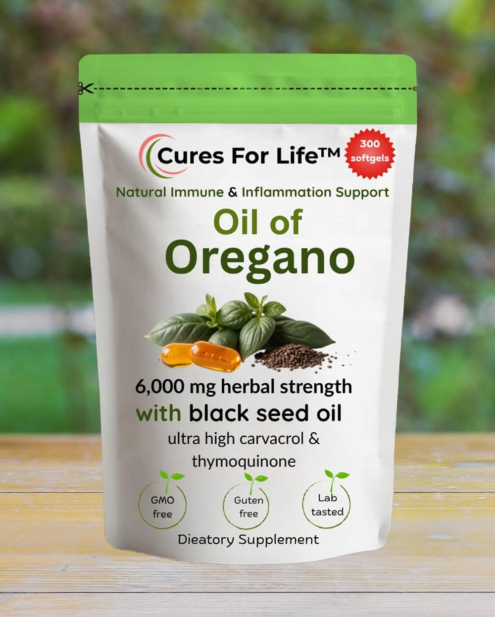 Cures For Life Oil of Oregano bottle back shows potency and ingredients.