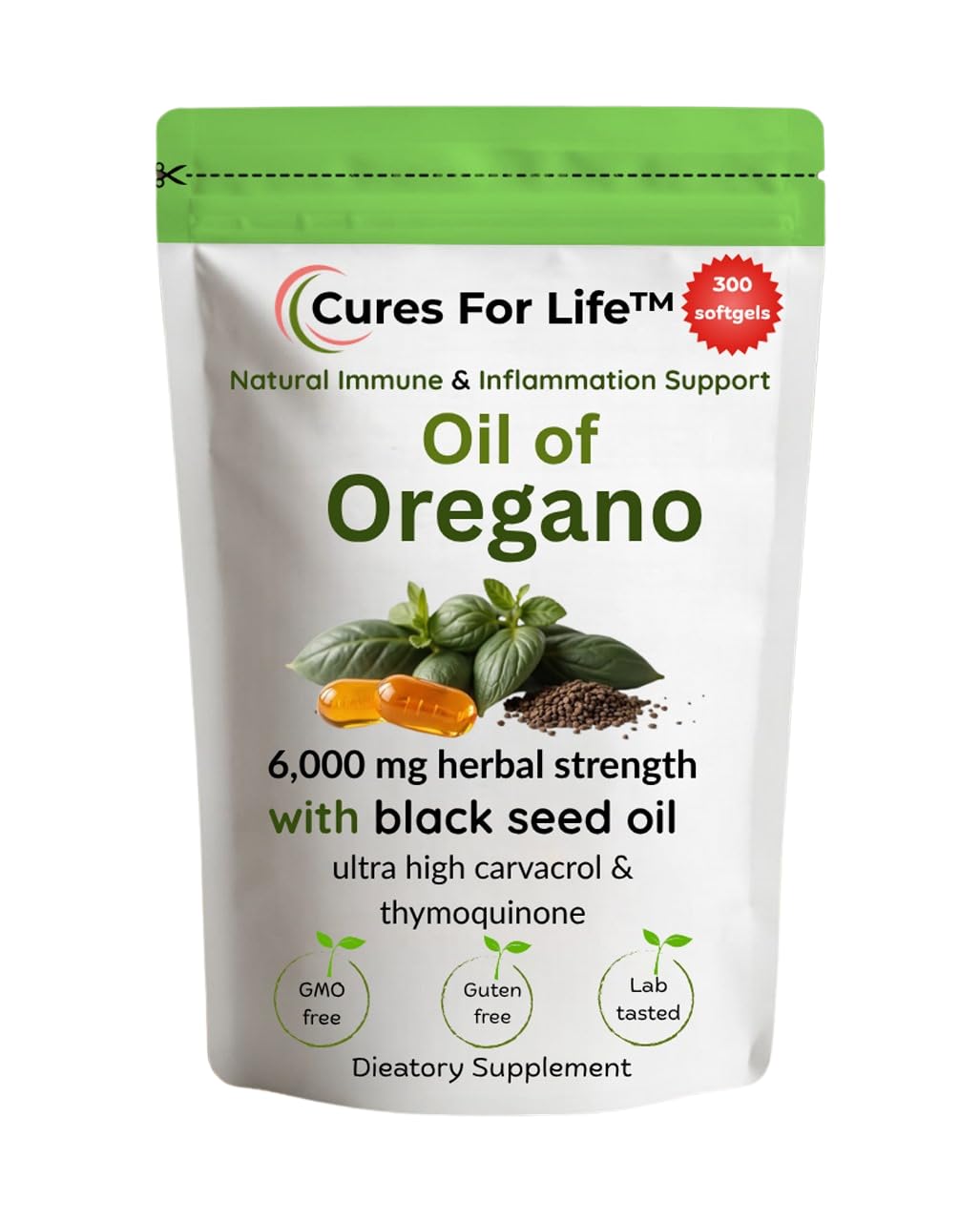 Cures For Life oil of oregano softgels on shelf indicating long supply.