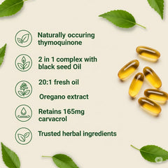 Cures For Life oregano oil softgels closeup highlights high potency per serving.