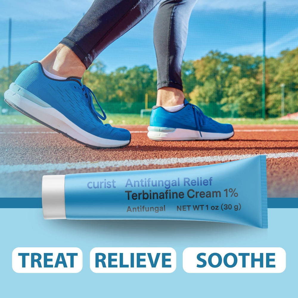 Illustration of athlete's foot treatment with Curist cream concept.