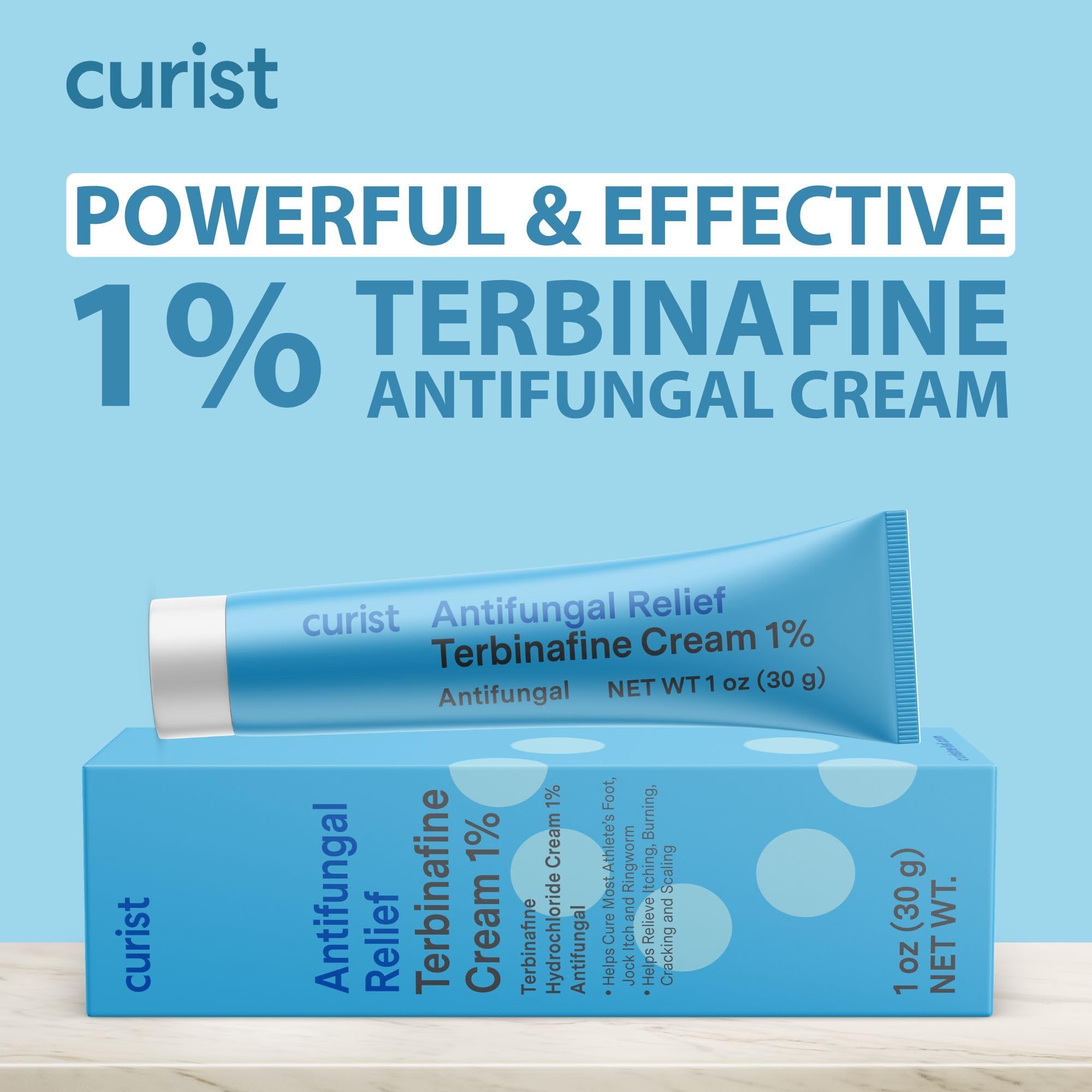 One-ounce Curist Terbinafine Cream tube beside packaging.