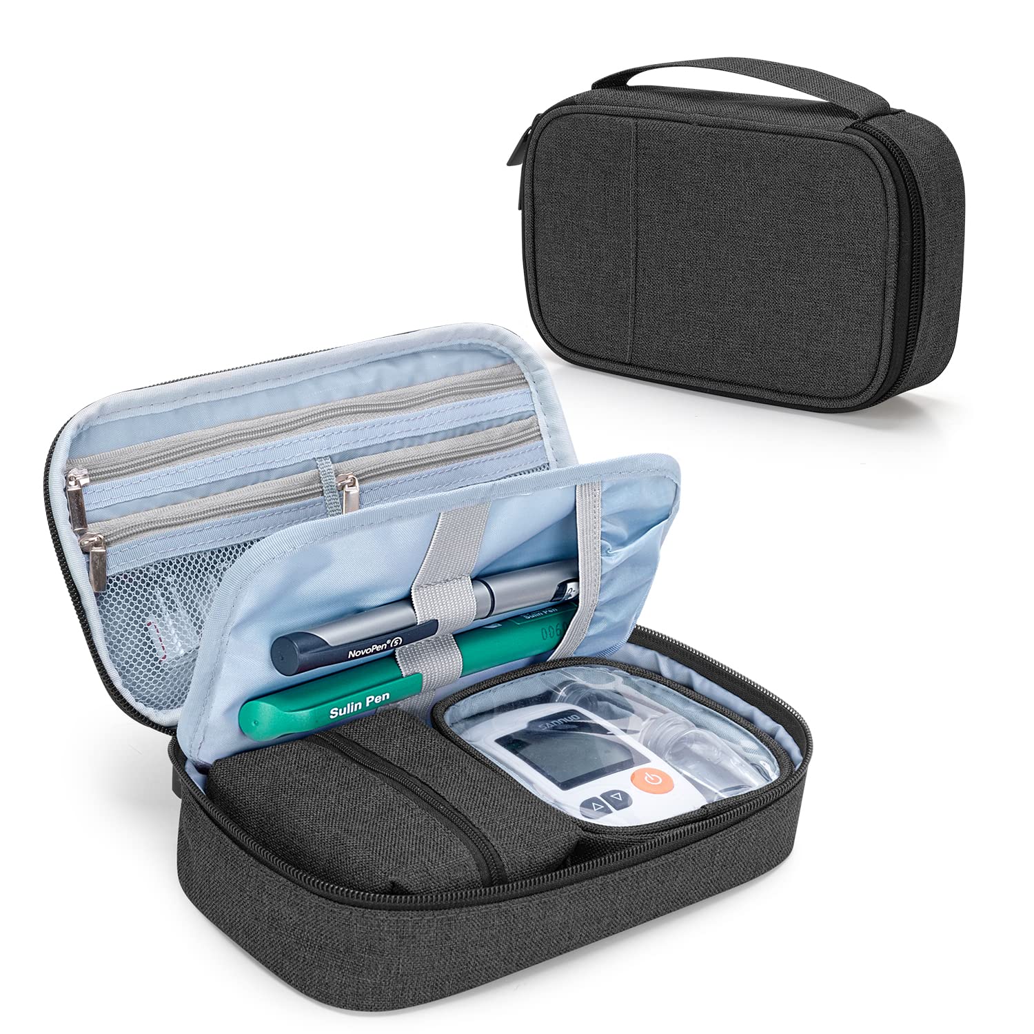 CURMIO diabetic supplies bag with top pockets for organized swabs and strips.