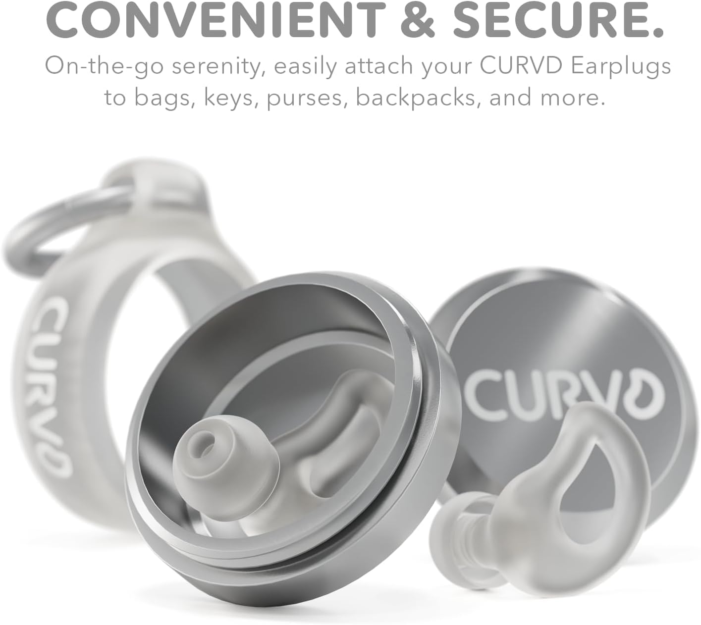 CURVD case clip attachment secures earplugs to bag or keys for on-the-go serenity.
