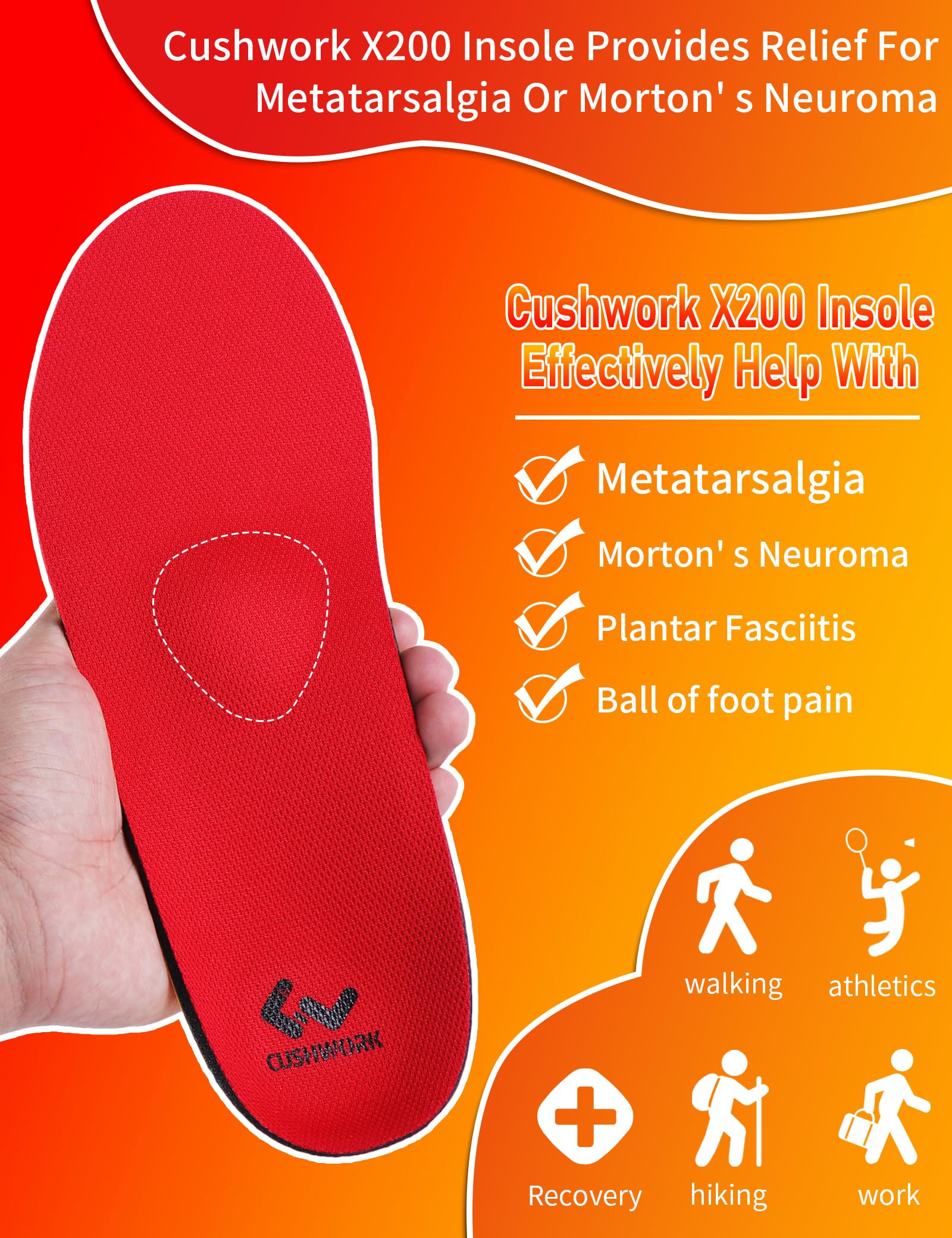 Cushwork Metatarsalgia Insoles feature arch support for a more stable stride.