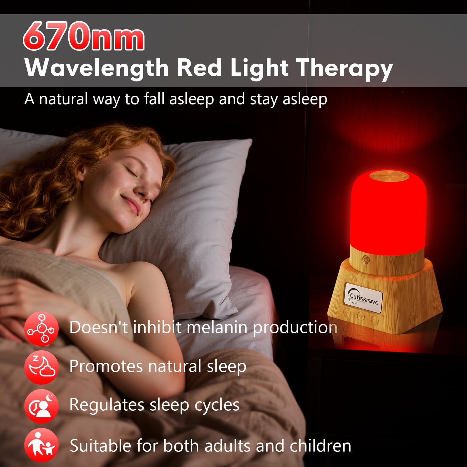 Cutiskrave sleep lamp with 670nm wavelength supports gentle evening wind-down.
