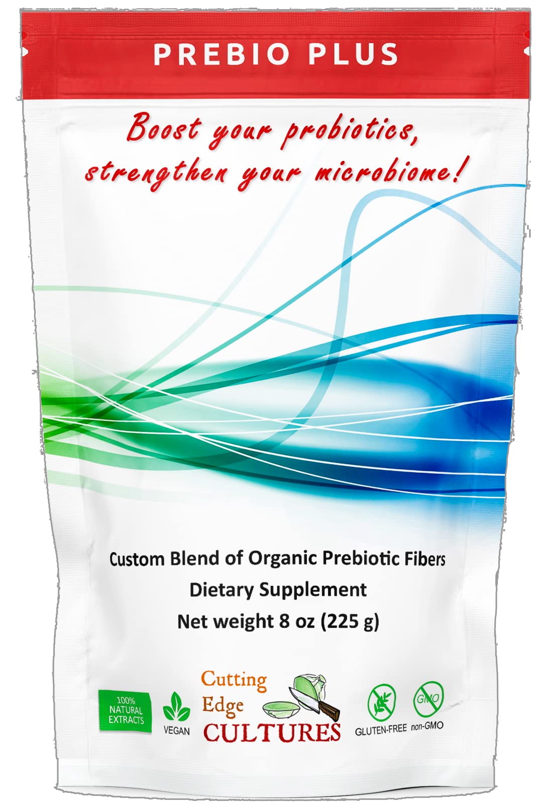 Cutting Edge Cultures Prebio Plus bottle displaying organic prebiotic blend for daily support.