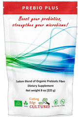Cutting Edge Cultures Prebio Plus bottle displaying organic prebiotic blend for daily support.