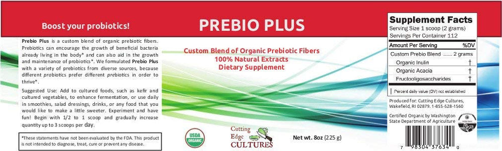 Cutting Edge Cultures Prebio Plus label highlights organic ingredients like inulin and FOS.