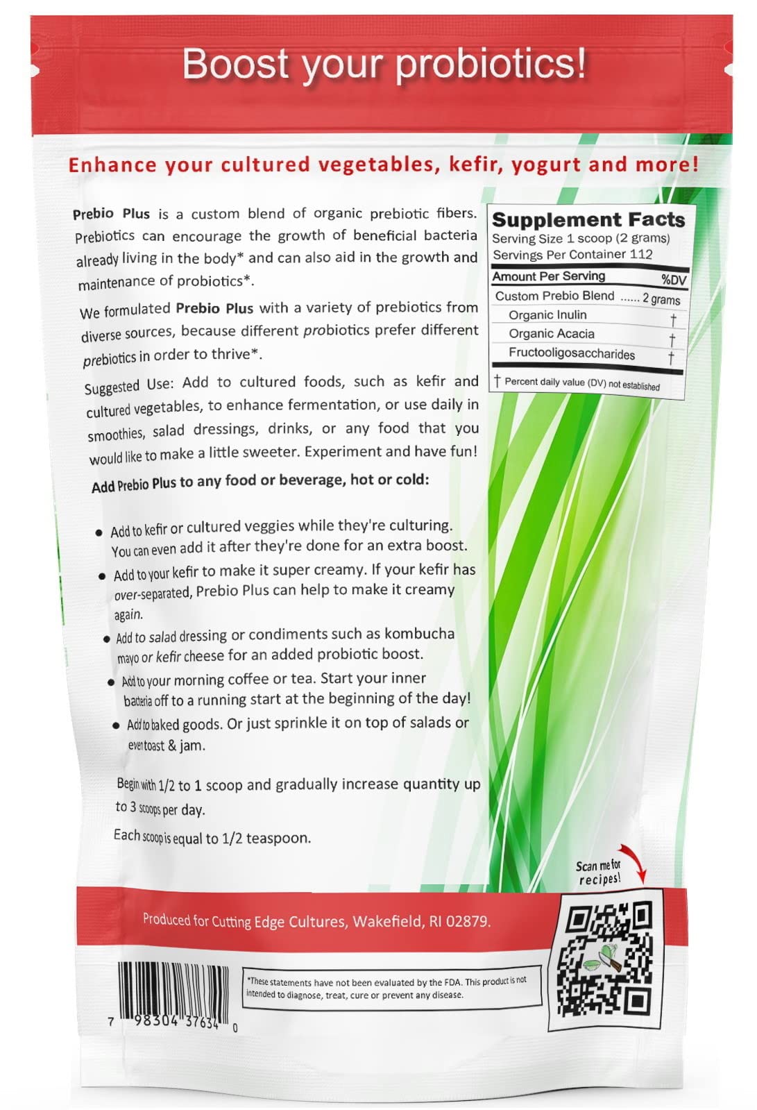 Cutting Edge Cultures Prebio Plus powder ready to blend into smoothies or drinks.