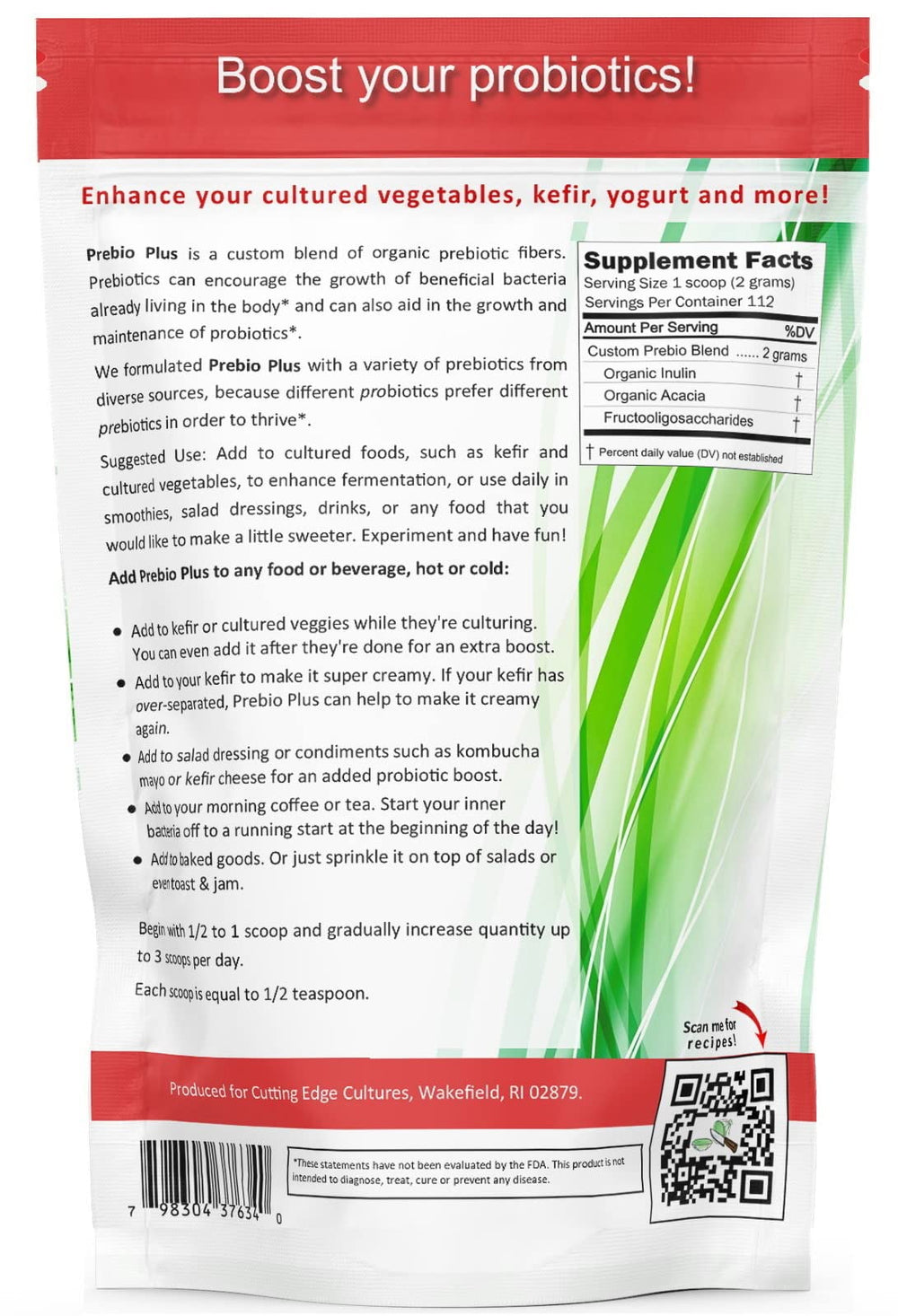 Cutting Edge Cultures Prebio Plus powder ready to blend into smoothies or drinks.