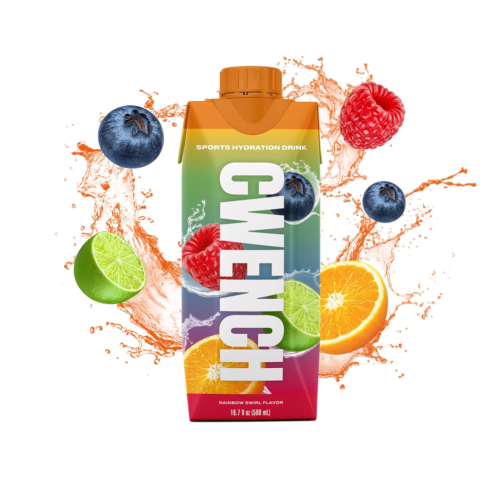 CWENCH Hydration label closeup highlights premium electrolytes and clean ingredients.