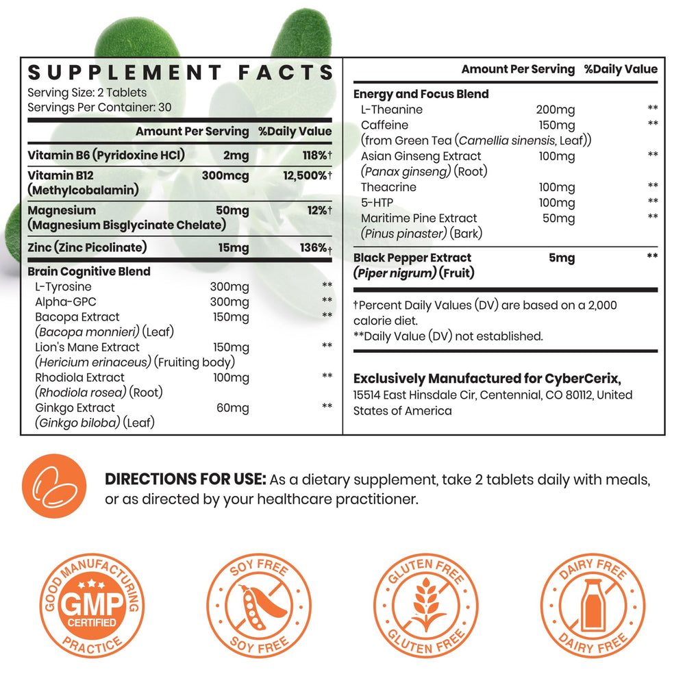 CyberCerix tablets showcase the 17-ingredient formula for sustained energy.