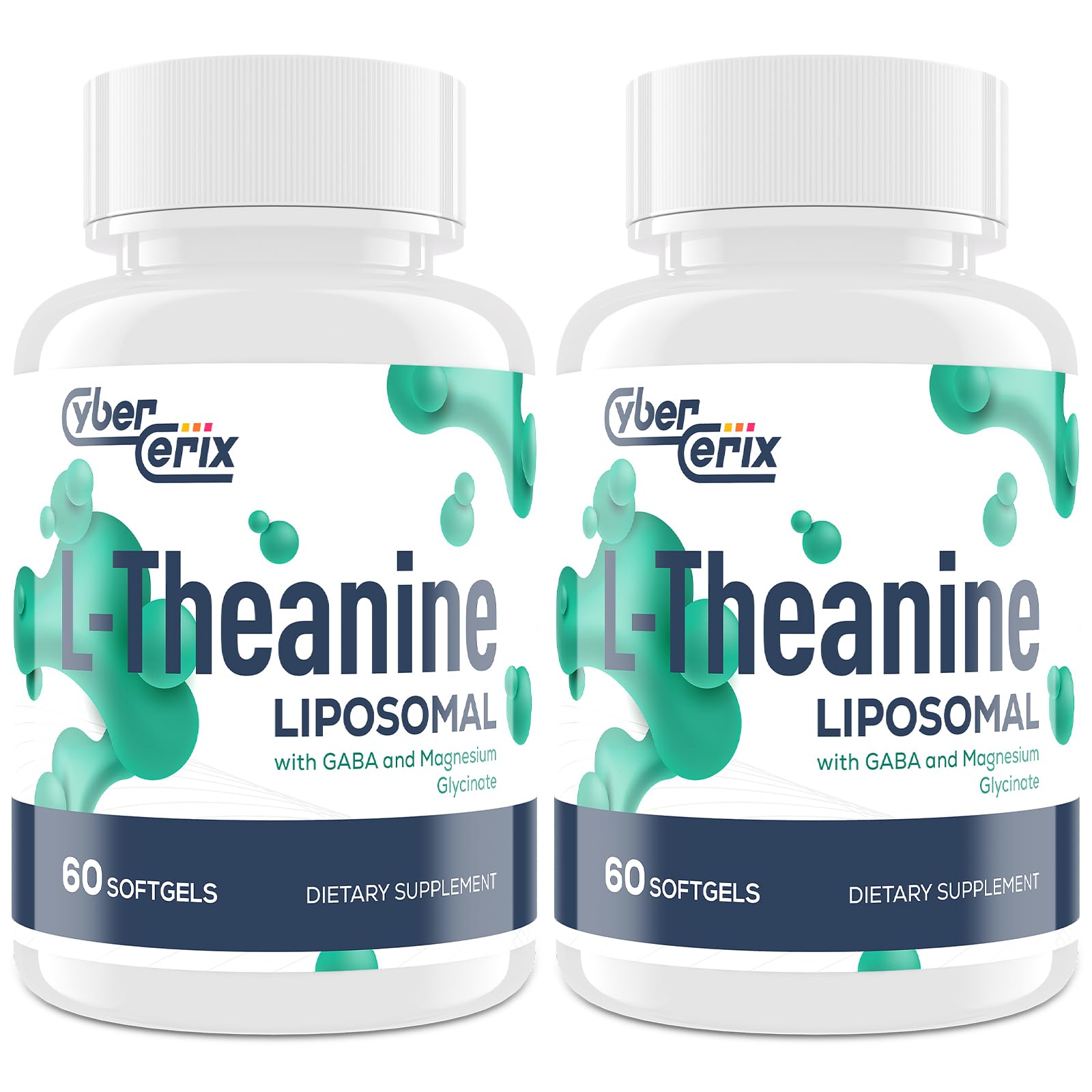 CyberCerix liposomal L-Theanine 500mg bottle on a wooden table highlights calm focus potential.