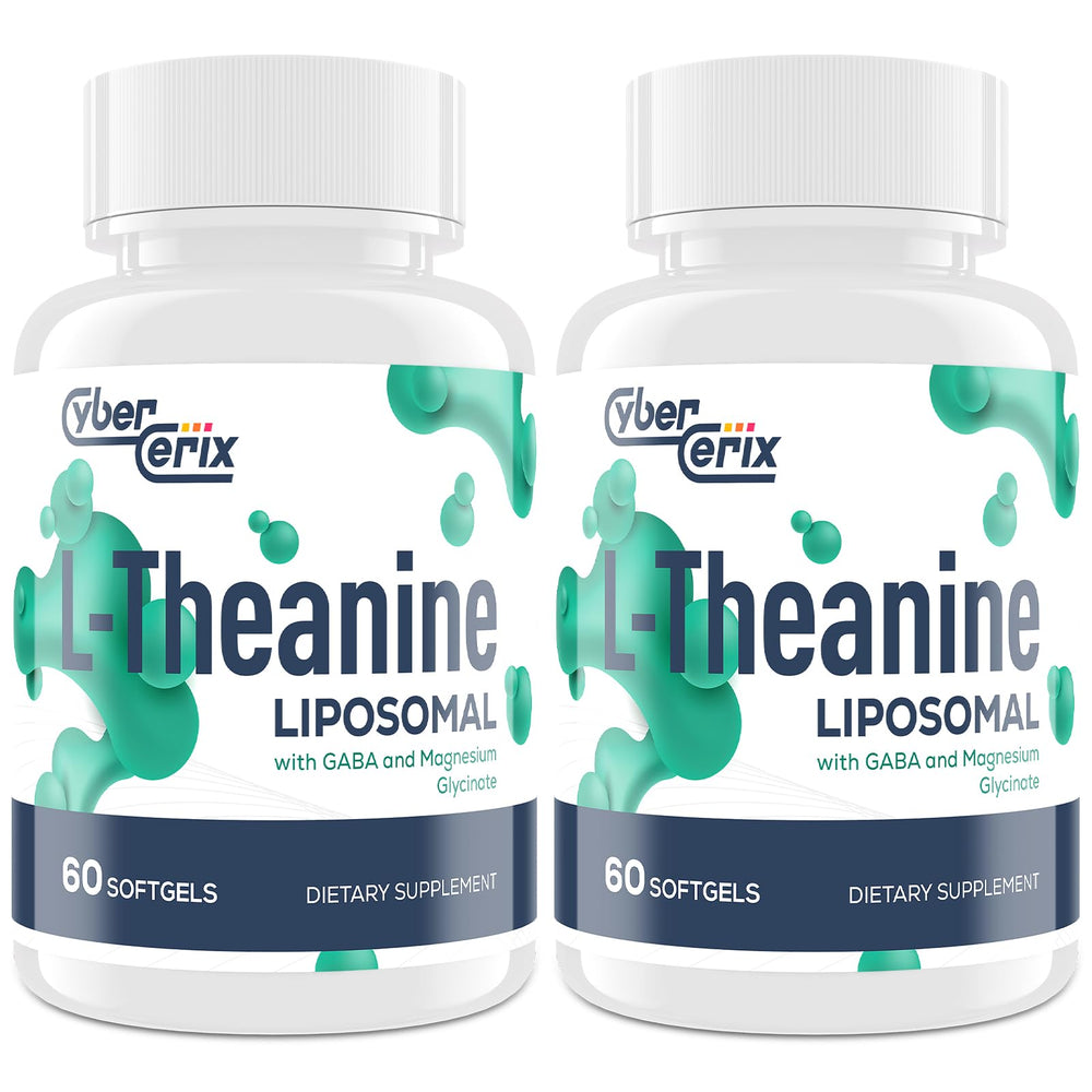 CyberCerix liposomal L-Theanine 500mg bottle on a wooden table highlights calm focus potential.