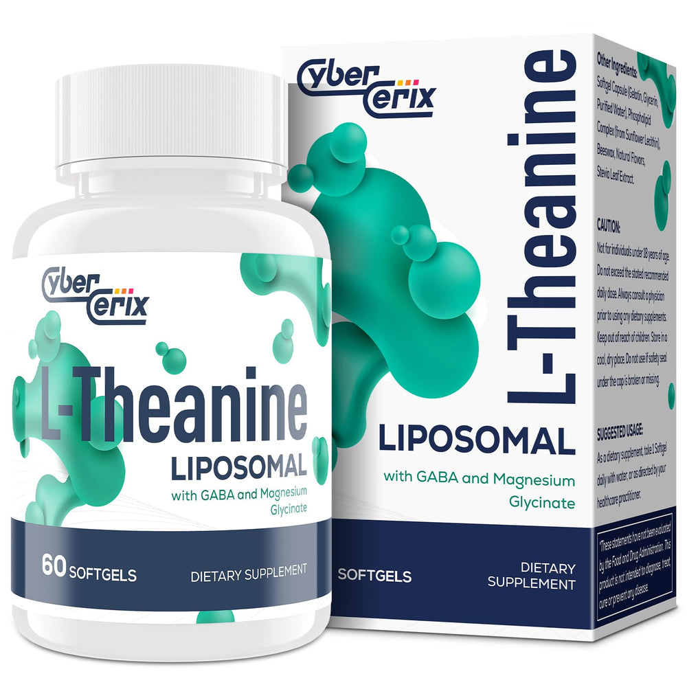 CyberCerix Liposomal L-Theanine 500mg bottle promotes daily calm and focus.