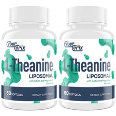 CyberCerix liposomal L-Theanine 500mg bottle on a wooden table highlights calm focus potential.