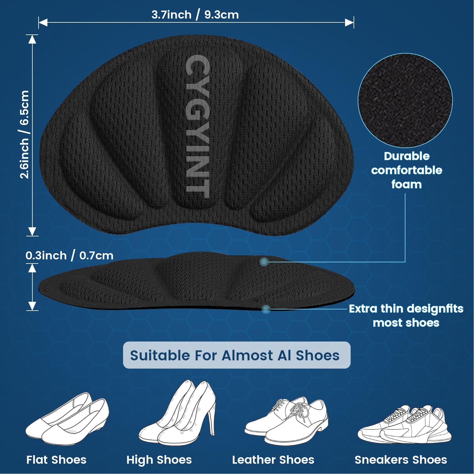 CYGYINT ultra-thin discreet heel cushion maintains a near-invisible profile