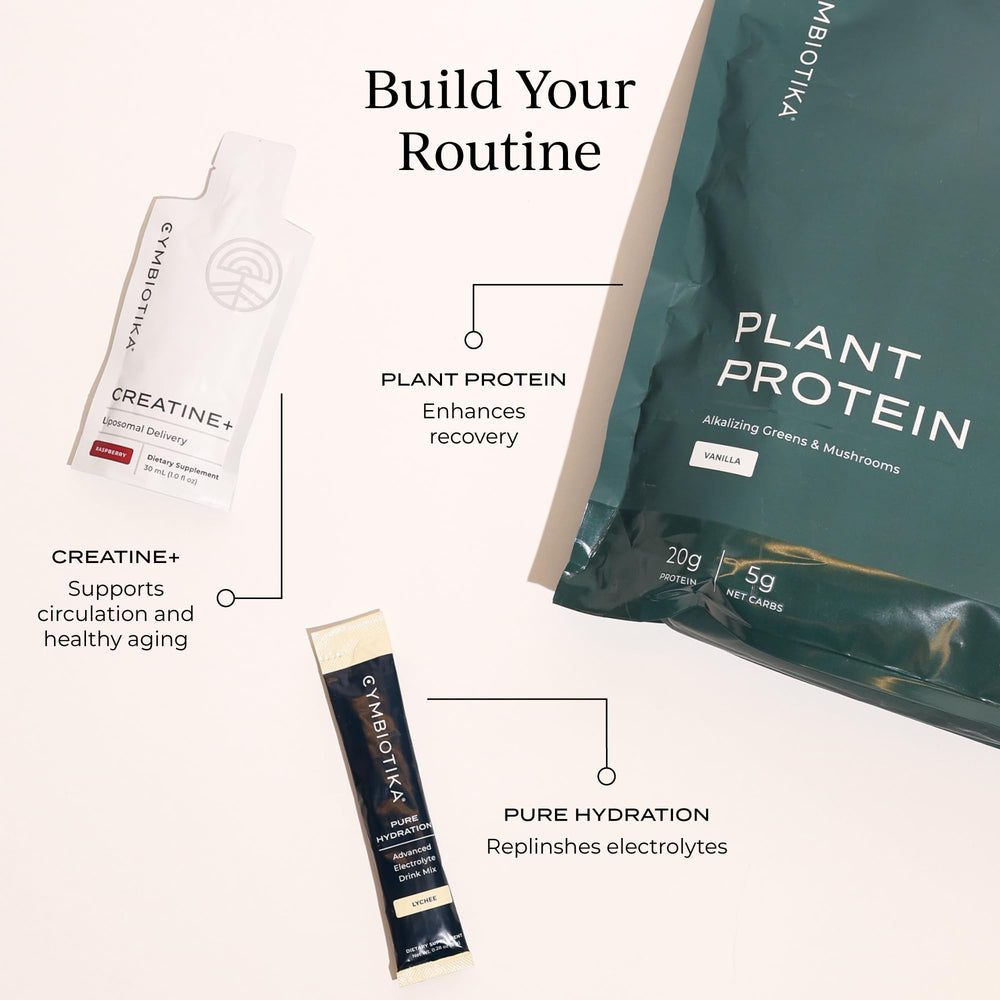CYMBIOTIKA Creatine+ ingredient-chart outlines CreaBev and L-glutamine benefits.