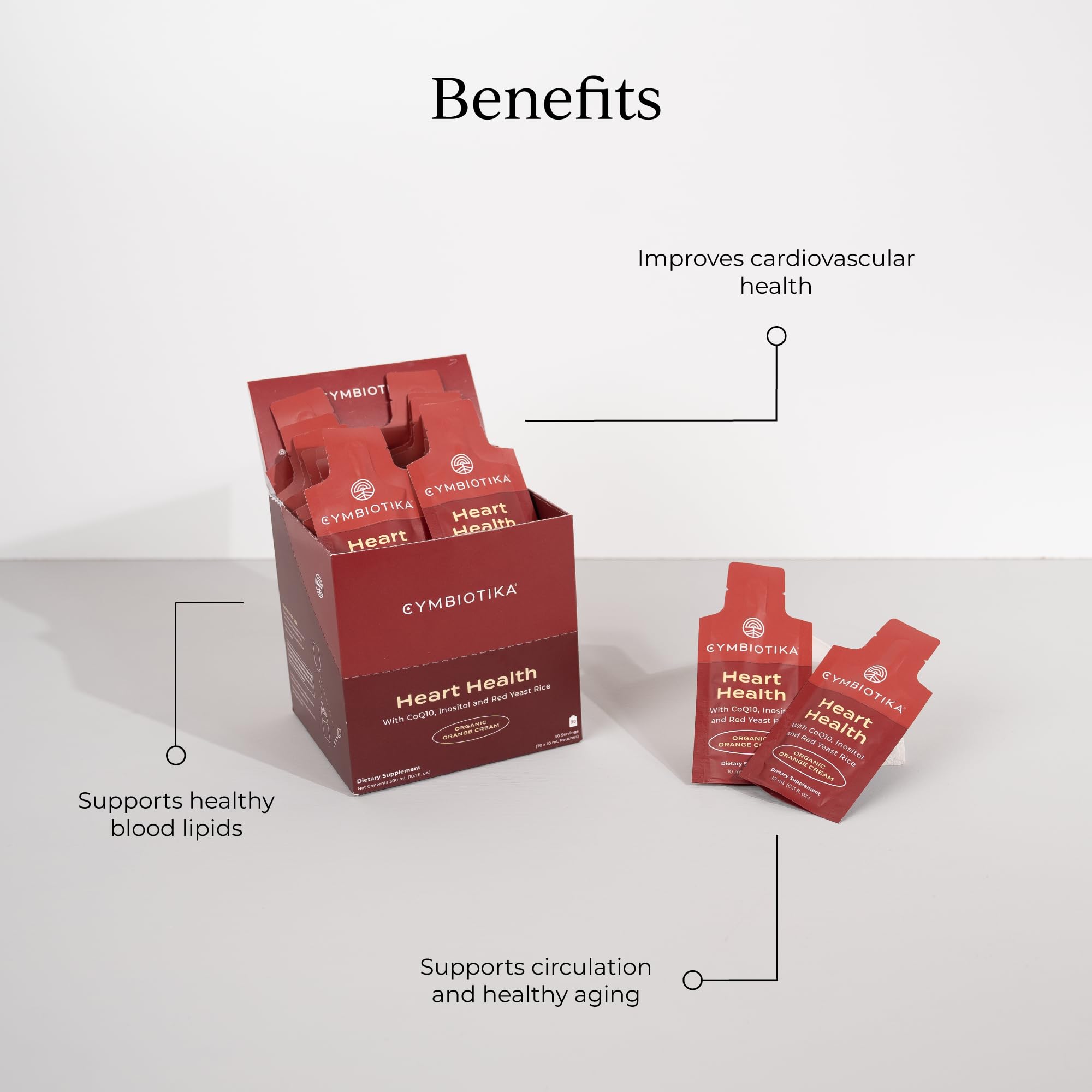 CYMBIOTIKA Heart Health red yeast rice pouch showing a blend for wellness routines.