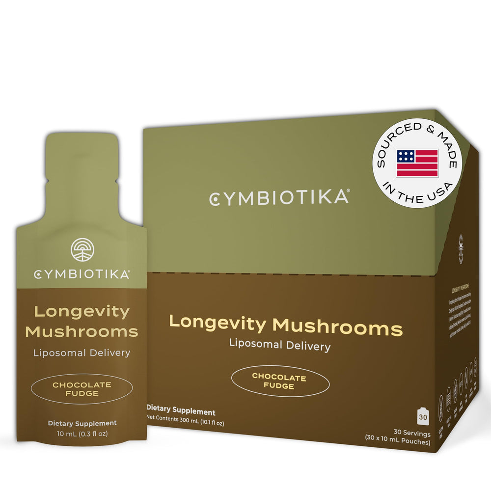 CYMBIOTIKA Liposomal Longevity Mushrooms bottle front for daily vitality and premium ingredients