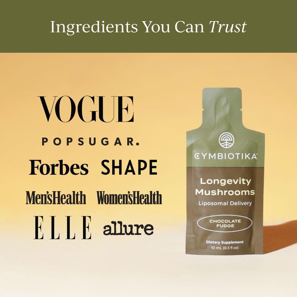 CYMBIOTIKA Liposomal Longevity Mushrooms closeup of six organic mushrooms
