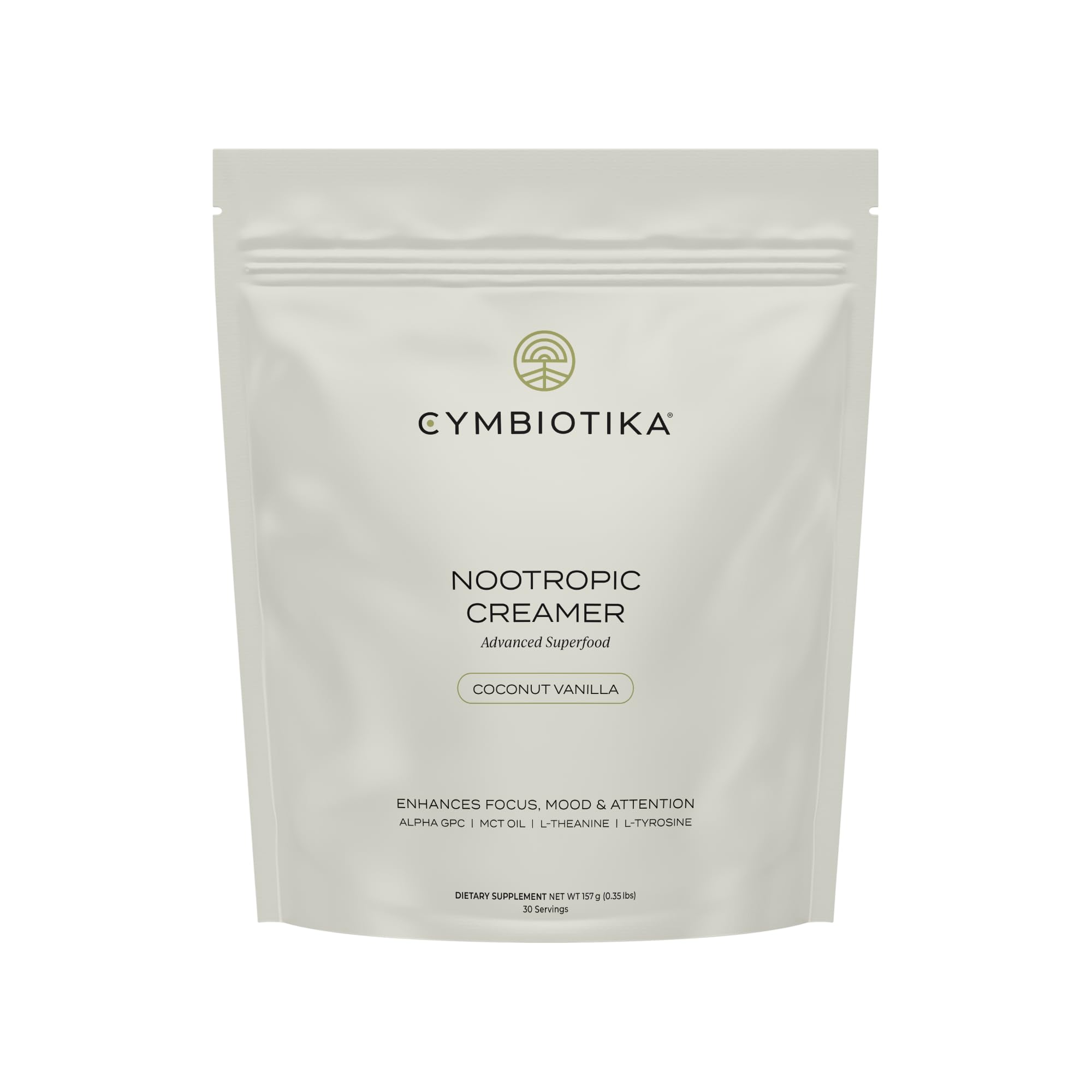 CYMBIOTIKA Nootropic Creamer bottle shown, vegan and keto-friendly for focused mornings.
