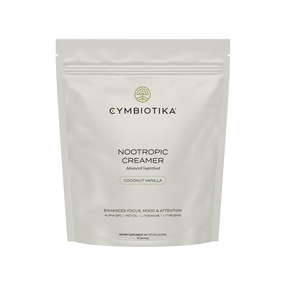 CYMBIOTIKA Nootropic Creamer bottle shown, vegan and keto-friendly for focused mornings.