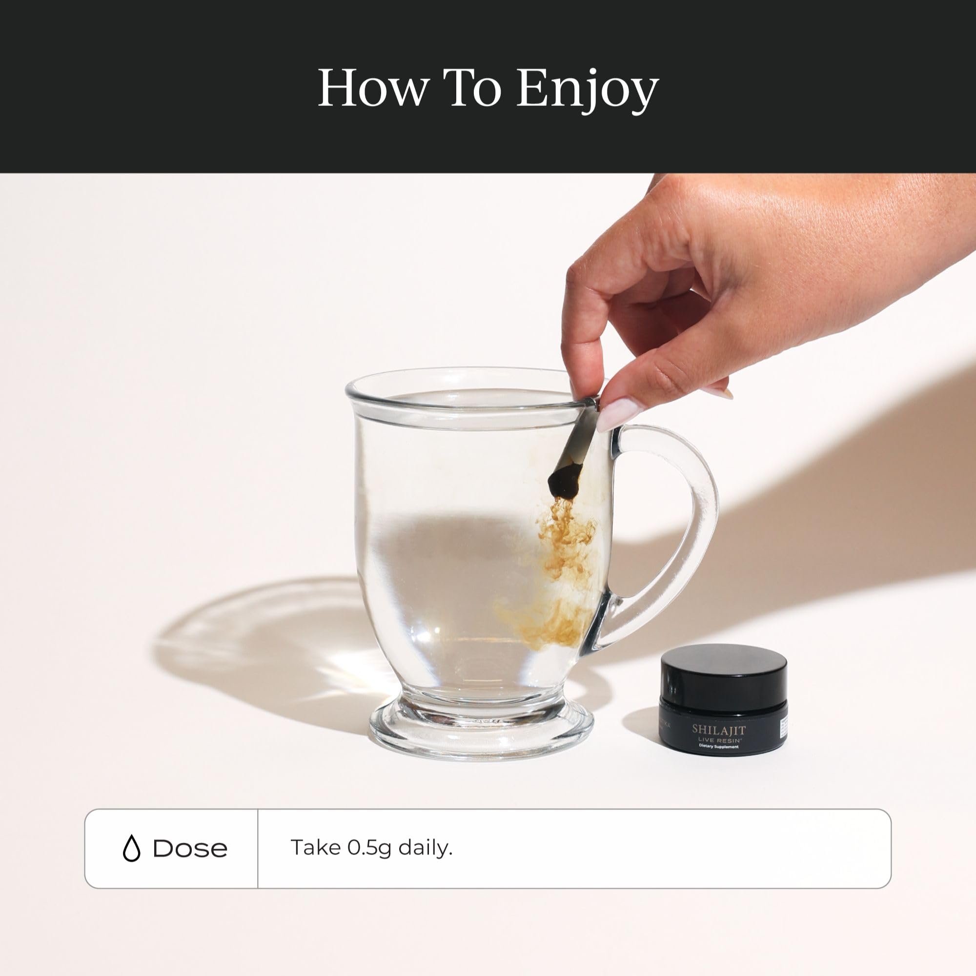 CYMBIOTIKA Shilajit resin dissolving in warm water or tea.