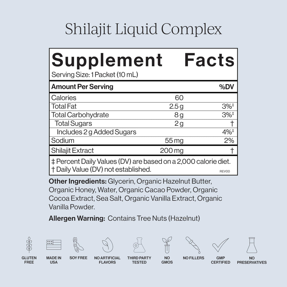 CYMBIOTIKA Shilajit Liquid Complex cacao-honey flavor packet with natural minerals.