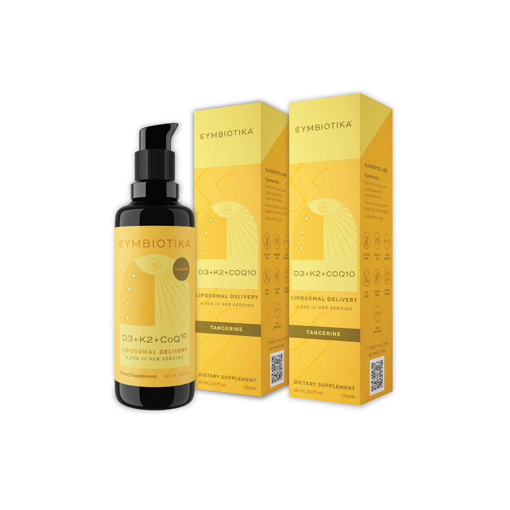 CYMBIOTIKA Vitamin D3 K2 CoQ10 liquid drops poured for daily immune support.
