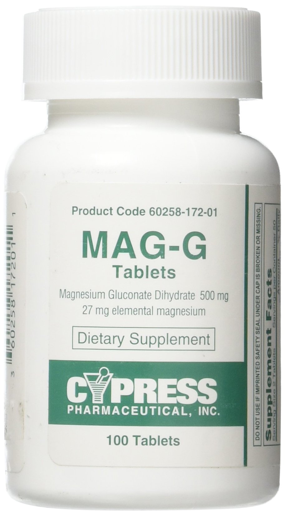 Cypress Pharma Mag-G bottle front showing magnesium gluconate tablets for daily mineral support.