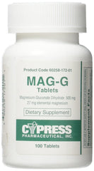 Cypress Pharma Mag-G bottle front showing magnesium gluconate tablets for daily mineral support.