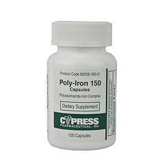 Cypress Poly-Iron 150 capsules bottle showing daily iron supplement for routine support
