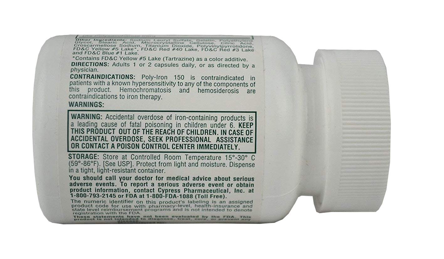 Closeup of Poly-Iron 150 capsules highlighting small, easy-to-swallow design