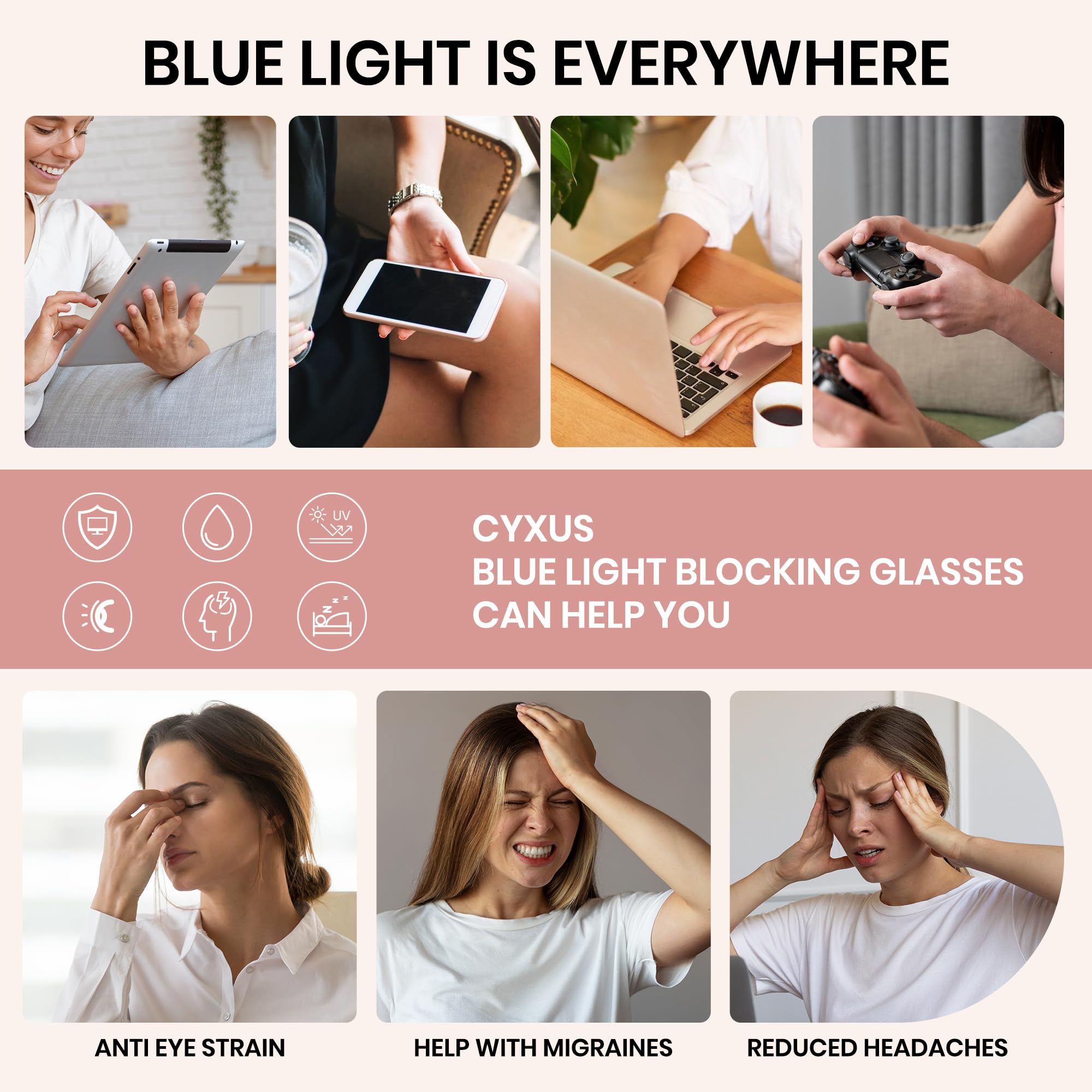 Laptop screen behind Cyxus blue light glasses.