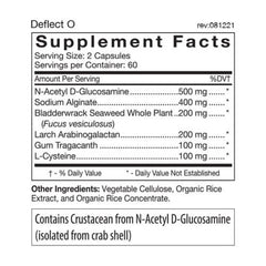 D'Adamo Deflect O bottle back showing ingredients list; highlights gut health support for Type O.