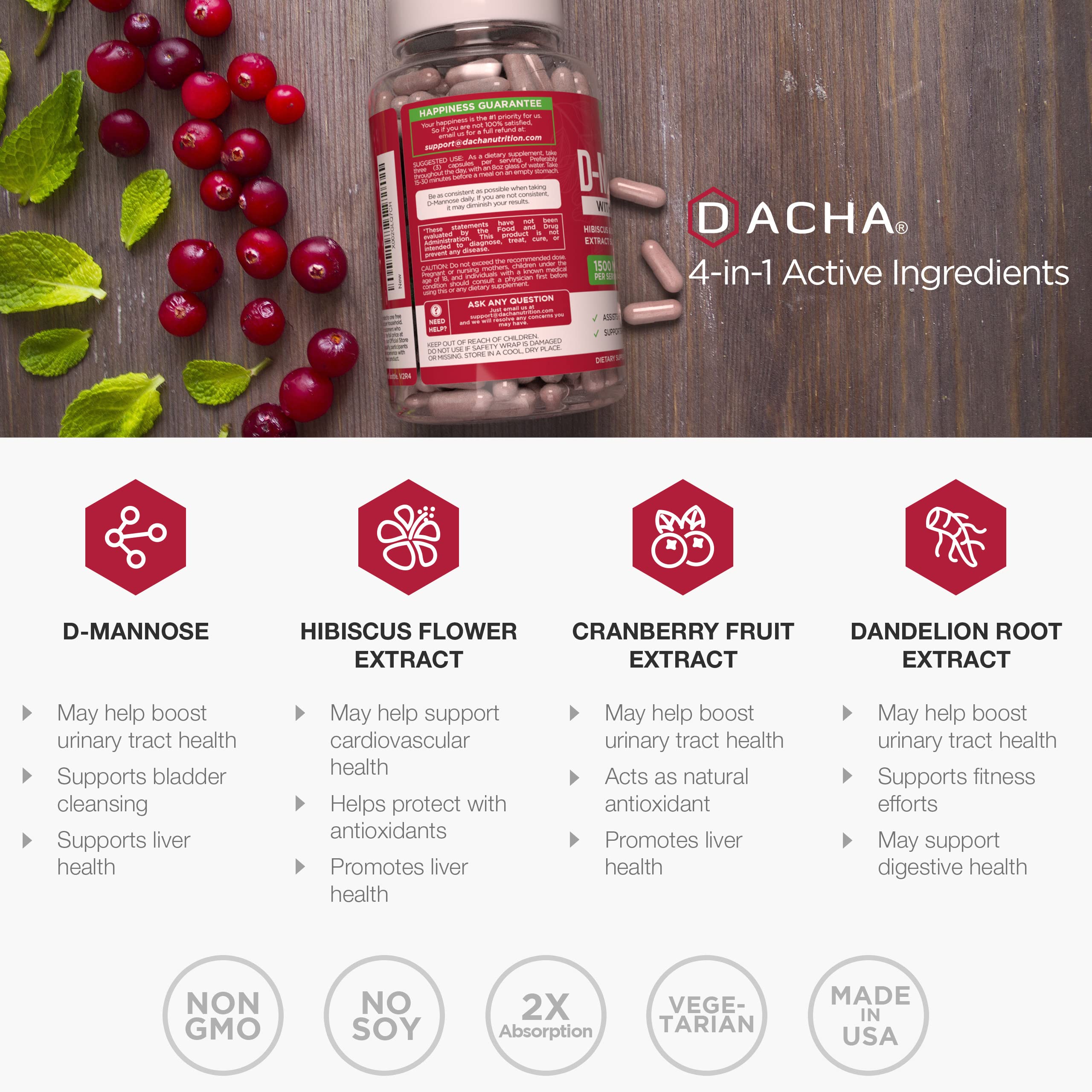 DACHA D-Mannose 4-in-1 dandelion root visual hints digestive balance.