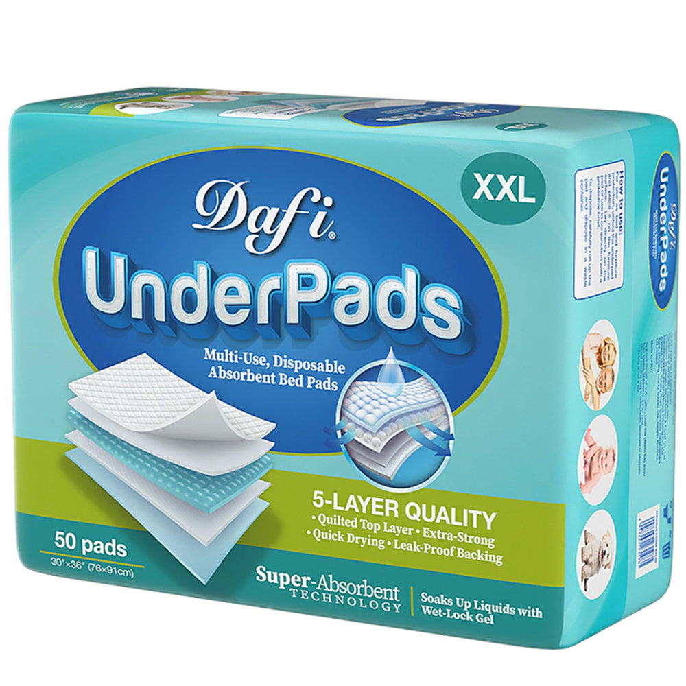 DAFI XL 30x36 disposable bed pad front view; ultra-absorbent for quick dryness.