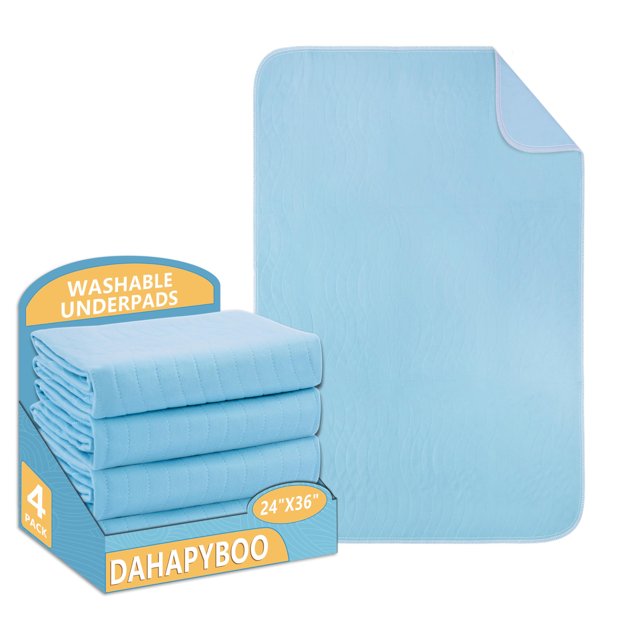 DAHAPYBOO washable underpads 4-pack protecting bed sheets with quick-dry absorption.