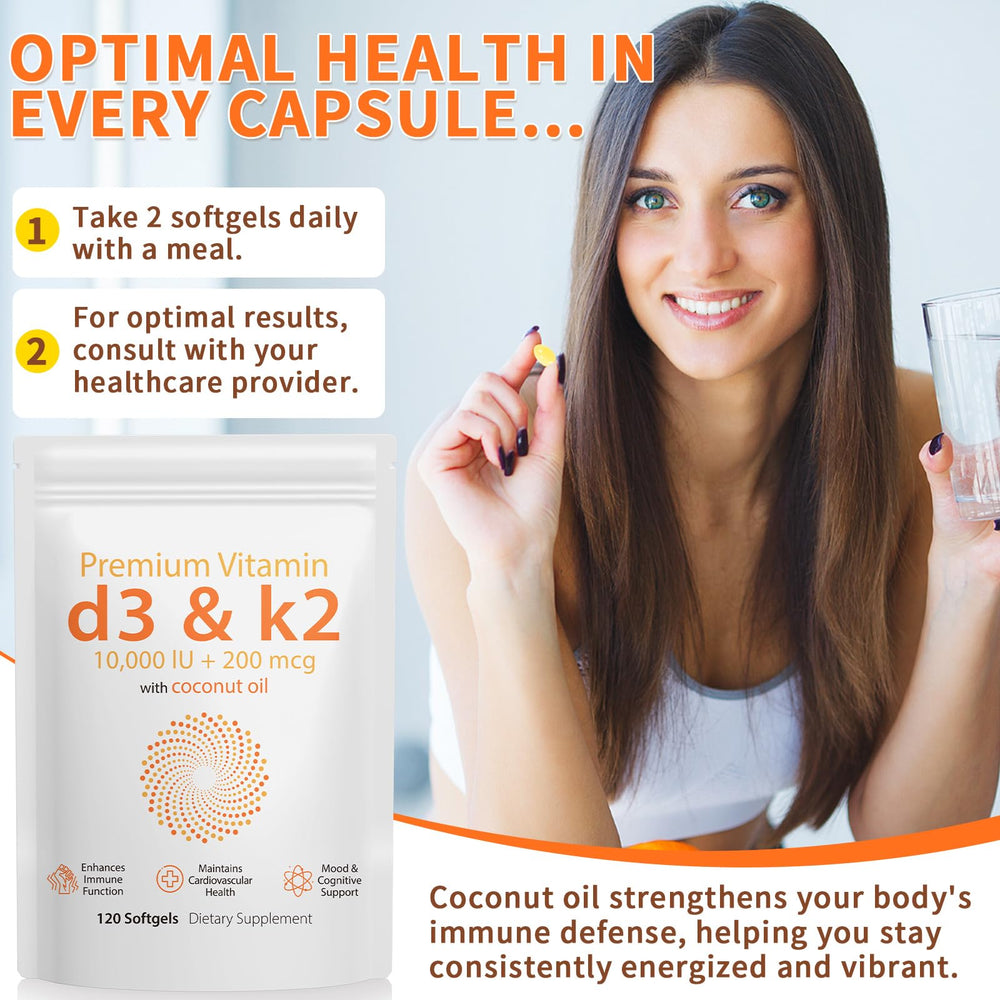 Pouring D3 K2 softgels suggests daily supplementation for calcium absorption.