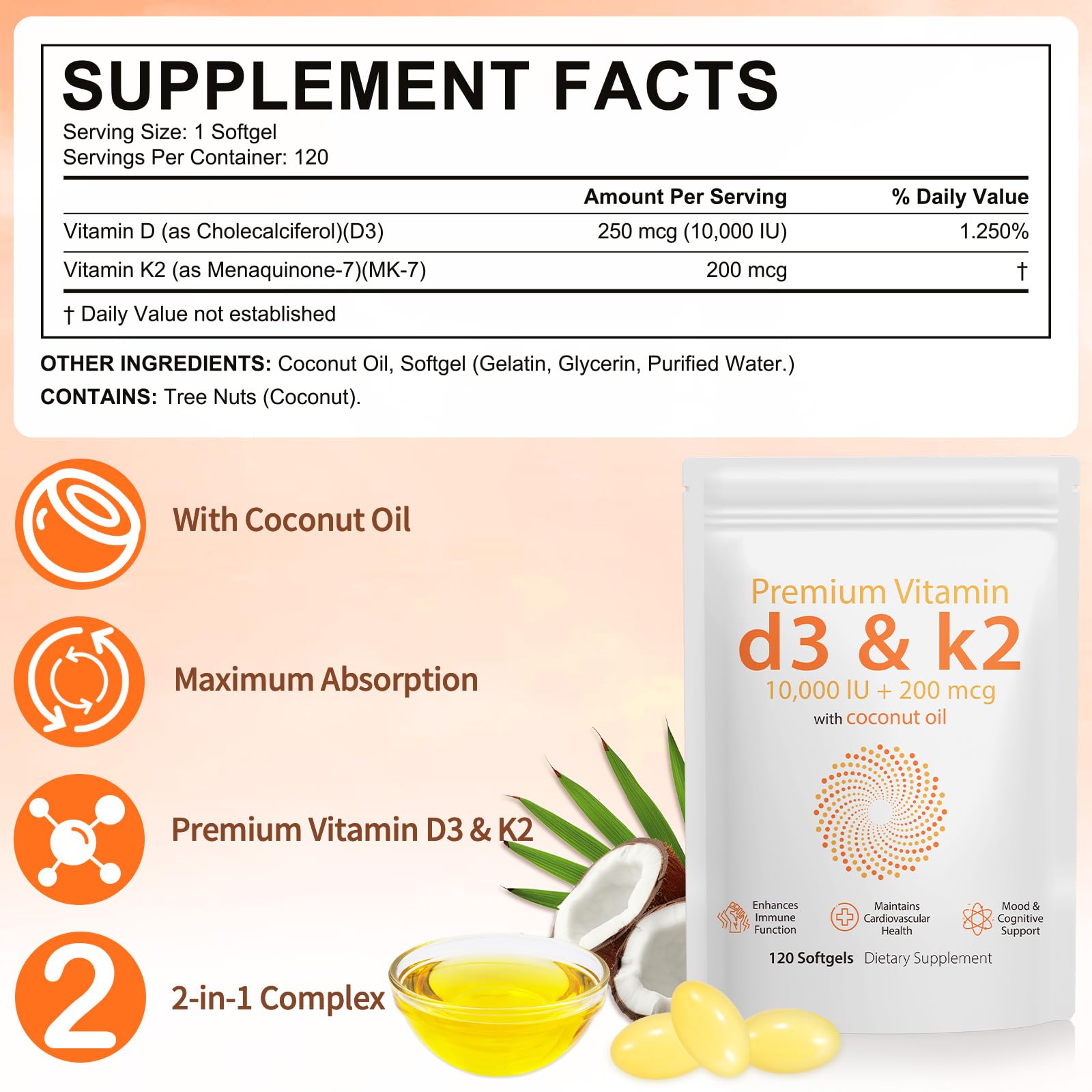 Virgin coconut oil softgel from Daiasns highlights natural absorption carrier.