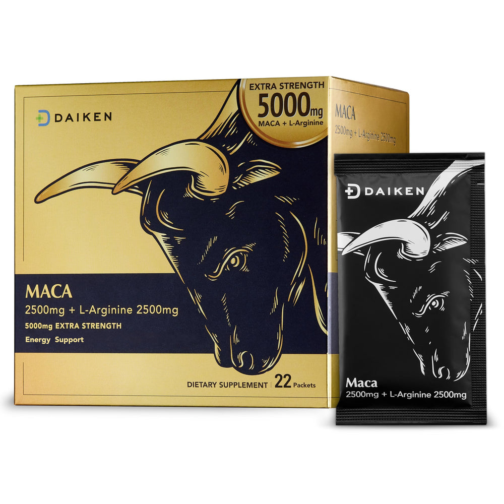 DAIKEN maca powder gluten-free seal on packaging.