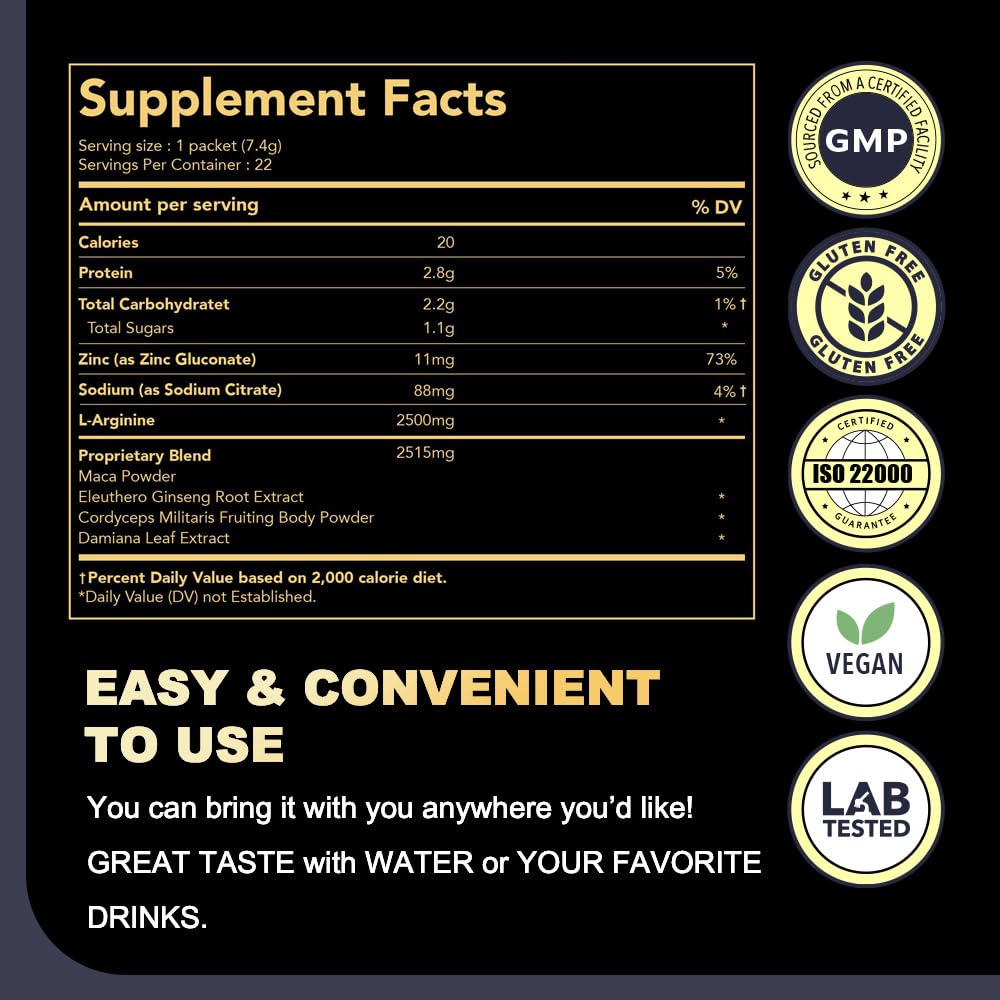 DAIKEN maca powder with L-Arginine label shows 2,500 mg.