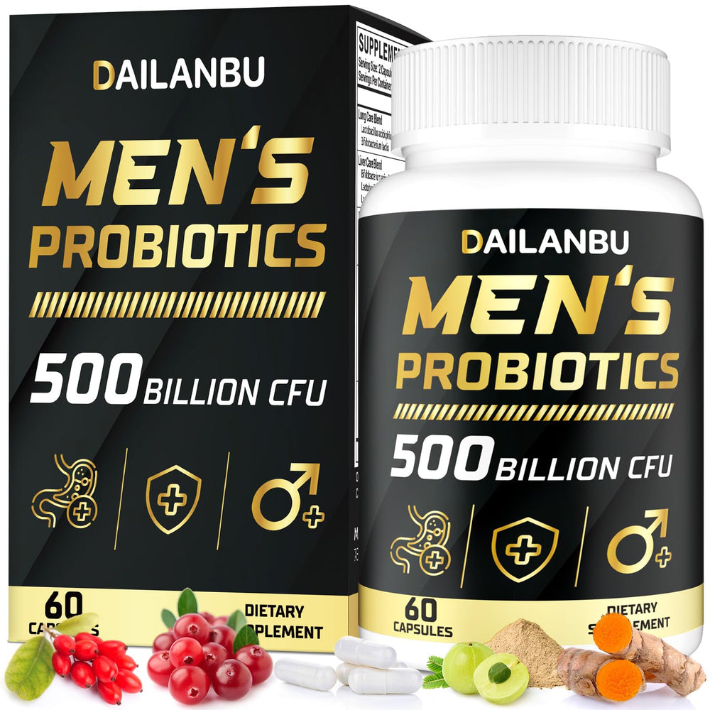 Dailanbu Probiotics for Men bottle showing 500B CFU support for gut health.