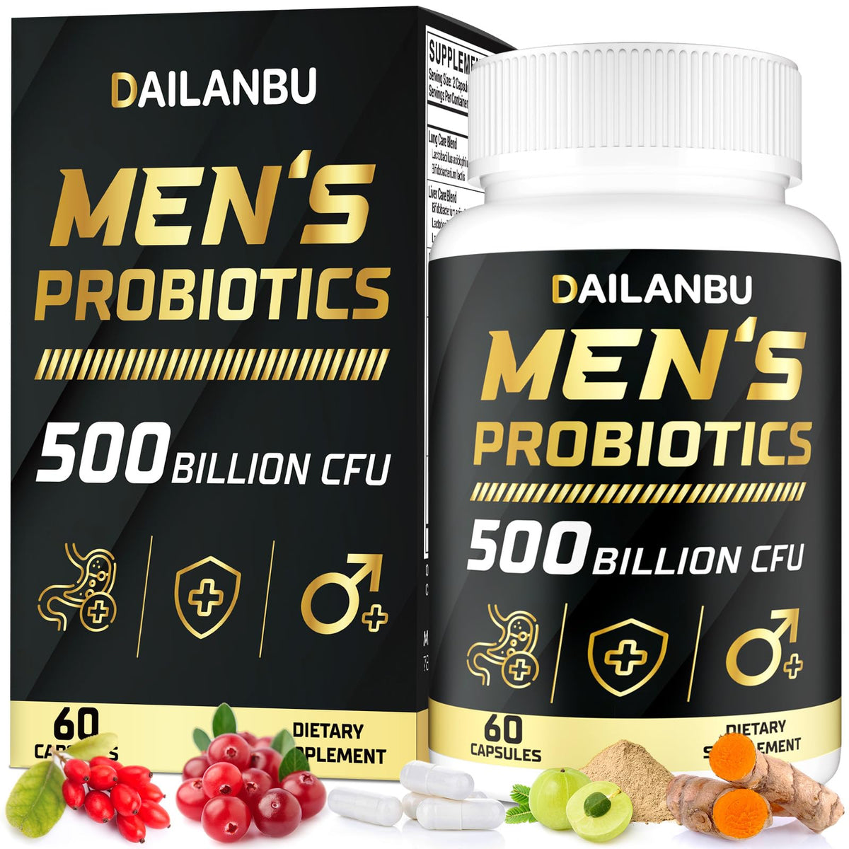 Dailanbu Probiotics for Men bottle showing 500B CFU support for gut health.