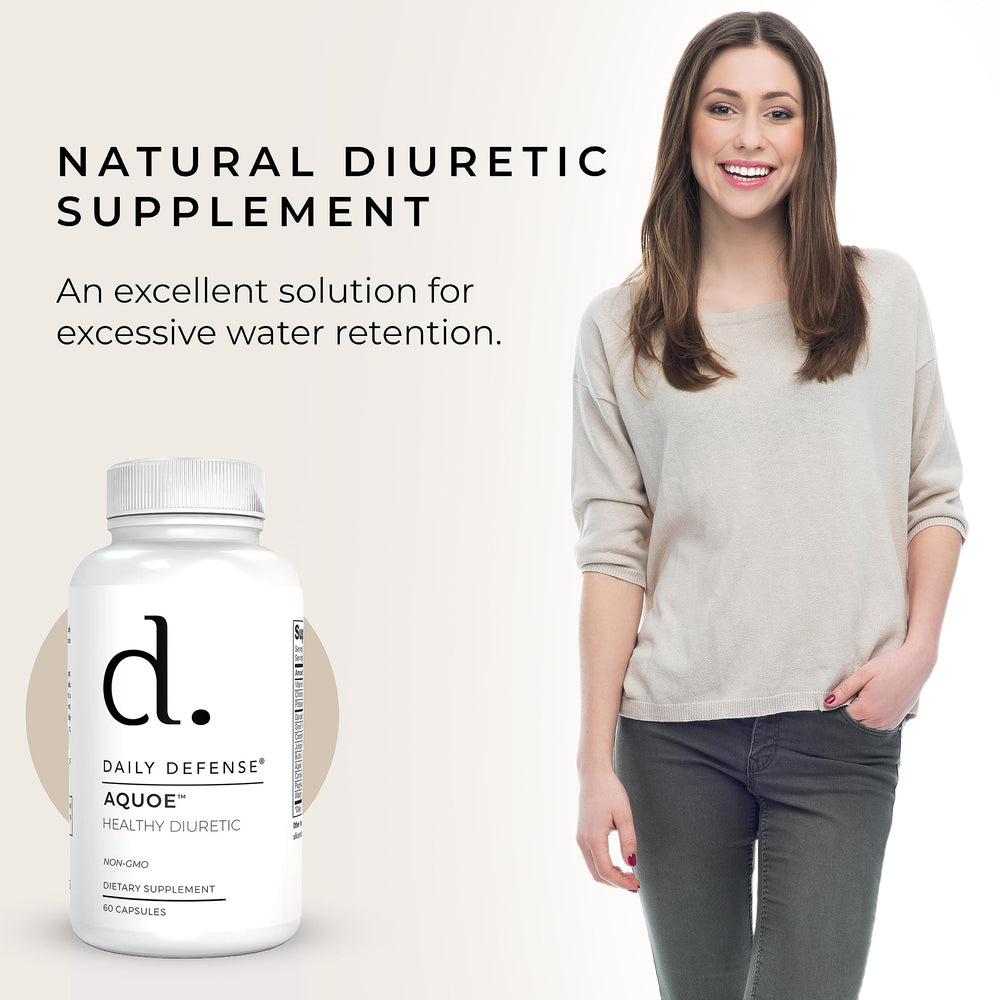 AQUOE Water Away capsules close-up showing the natural diuretic blend.