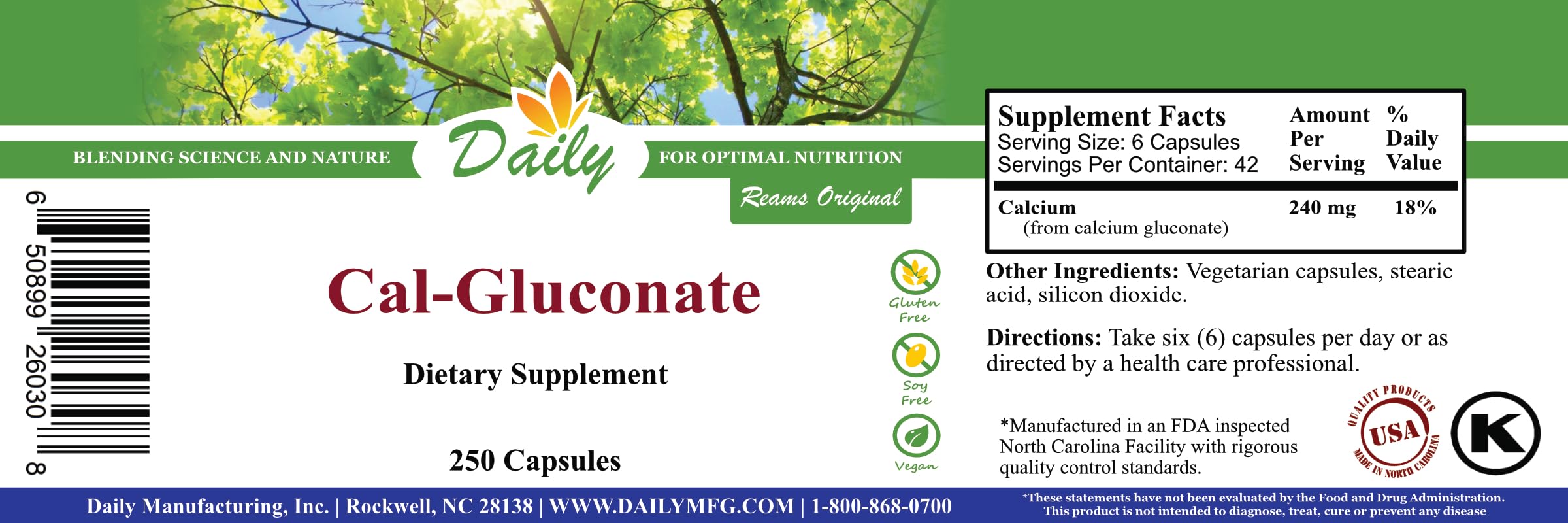 Daily Manufacturing Calcium Gluconate capsules close-up, vegan and kosher certified.