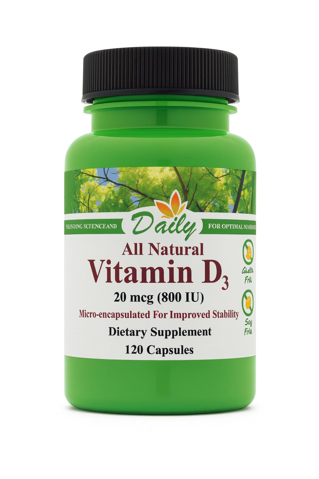 Daily Manufacturing Vitamin D3-800 bottle shows clear dosage information for easy dosing.