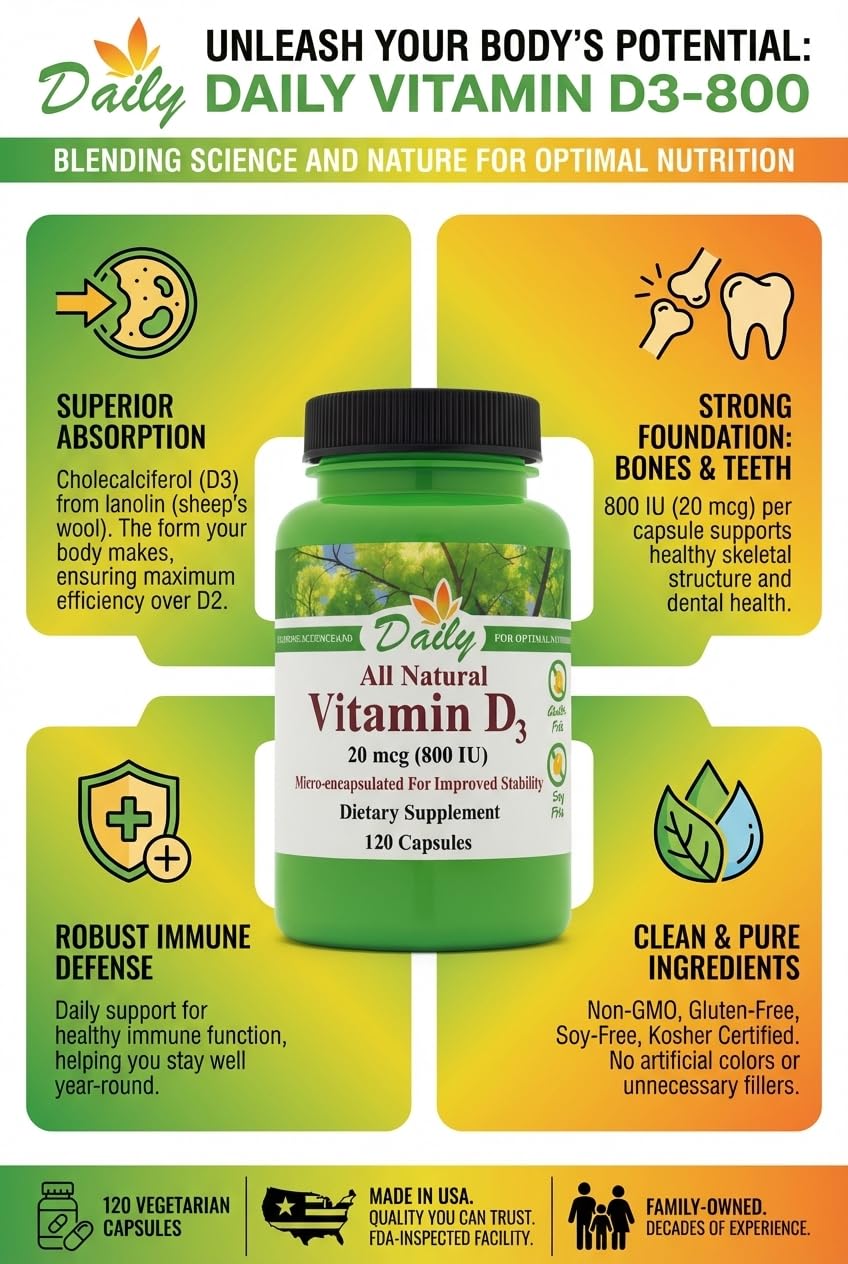 Daily Manufacturing Vitamin D3-800 label close-up highlights kosher and non-GMO status.