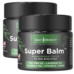 Daily Remedy Tea Tree Oil Extra Strength Super Balm bottle close-up highlighting USA-made formula for skin care